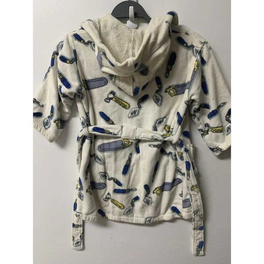 Bullfrogs & Butterflys Boys Tools Robe White Med Belt Pockets Hood Terry Cloth
